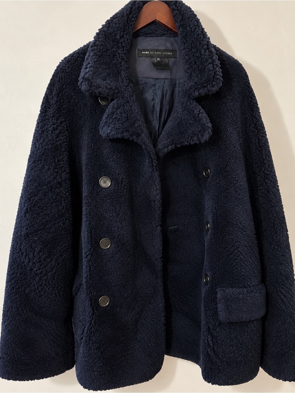 Marc By Marc Jacobs Black Faux Fur Double-Breasted Pea Coat